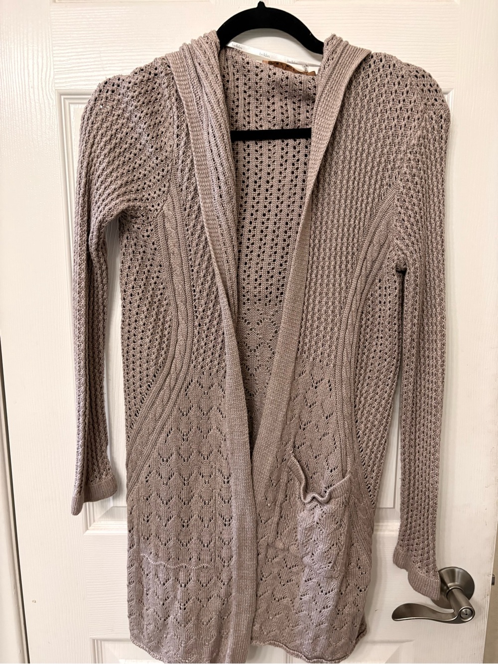 Belldini Taupe Hooded Open-Front Knit Cardigan